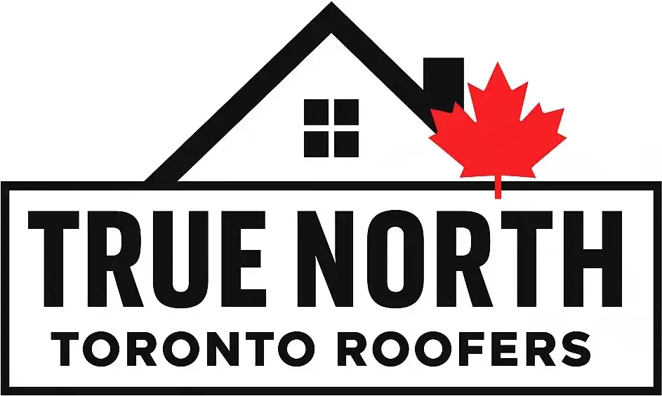 True North Toronto Roofers logo featuring a black house outline with red maple leaf and bold uppercase text on a transparent background